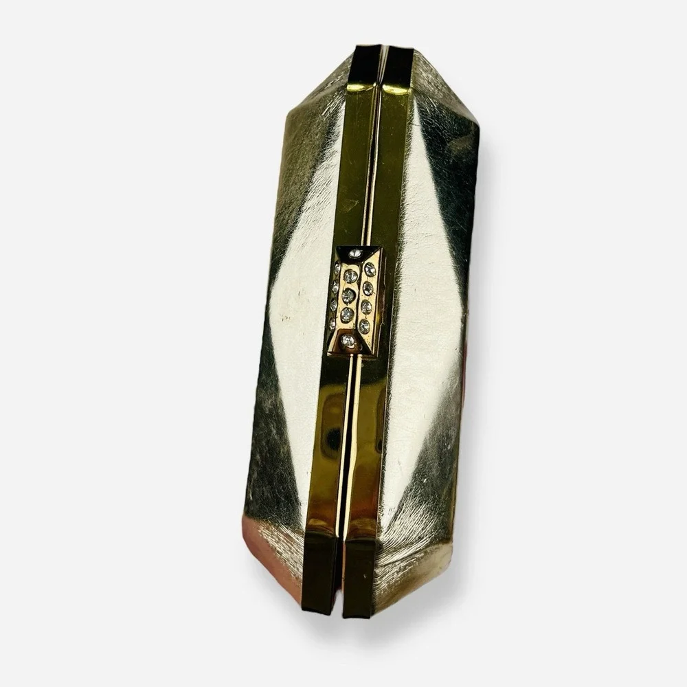 Vintage Nite Bags Gold Hard Shell Clutch Emerald Shape‎ Bar Rhinestone Clasp